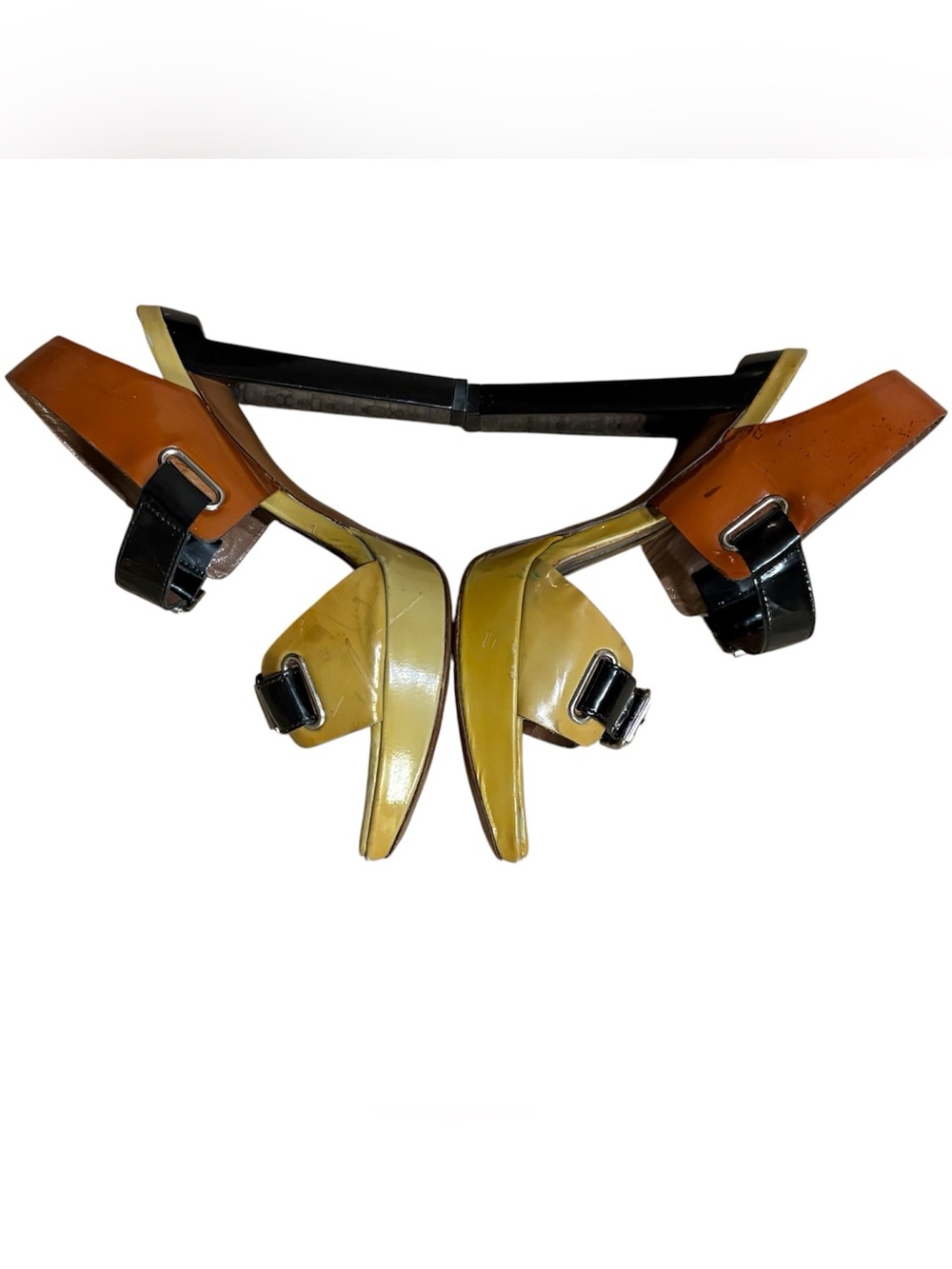 Marni Brown Yellow Ochre Black Patent Leather Platform Heels Buckles Sz 36/US 6 - Picture 9 of 11